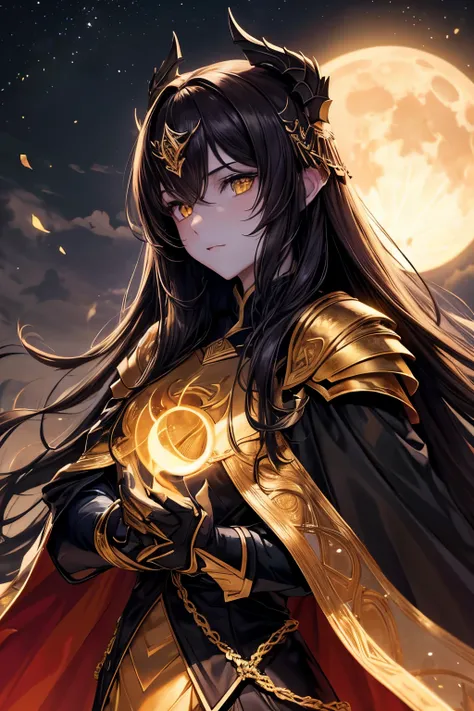 best quality, extremely beautiful, beautiful face, long straight brown hair, yellow eyes, (Pale skin : 1.2), full covering dark and gold armor, dark cape, in a dark forest at night, moon in background