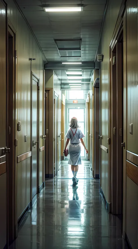 A hospital hallway with empty beds and a nurse in the distance.