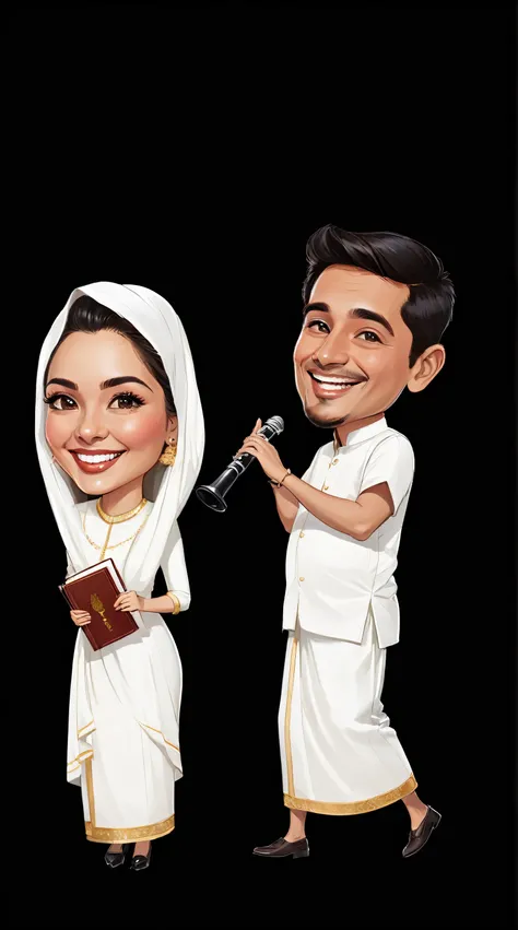 Create a detailed caricature illustration of a happy couple standing next to each other in traditional attire. The man should be depicted joyfully playing a clarinet, while the woman stands gracefully holding a Holy Bible. The caricature style should be in...