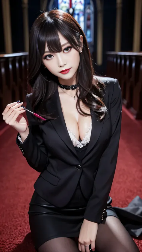 Super detailed、Japanese、charming beauty、seductive adult woman、Beautiful woman、sharp eyes、cool girl、wavy hair、flowing bangs、suit、Jacket、blouse、Tight Skirt、pantyhose、beautiful feet、evilの幹部、evil depravity、brainwashing、Mind control、lipstick、grin、evilな表情、evil、e...