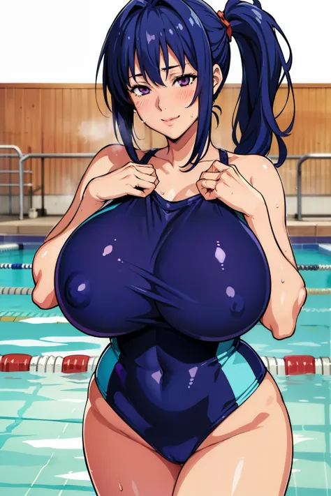 push up, sweating, school swimming suit, clear female e genitalia, swimming pool bacgkround, NJAkiV4, takeda hiromitsu style, anime cels style, best quality, high resolution, (gigantic breasts:1.3), cowboy shot, blush, smiling, winking, (purple eyes), blue...