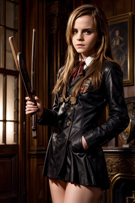 25 year old emma watson, gryffindor uniform, holding bdsm flogger in right hand, night