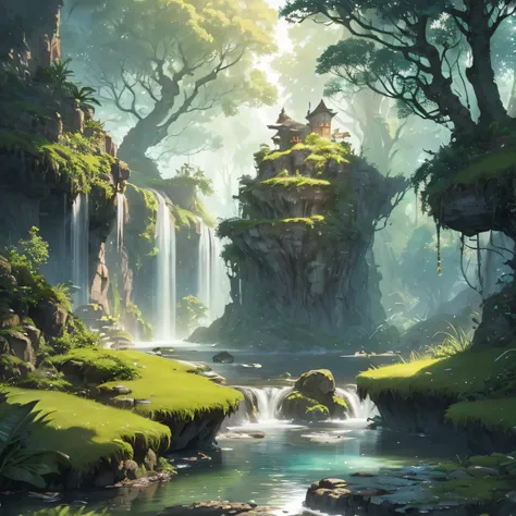 In dieser mystischen Landschaft, Die Integration von Ki und Technologie ist harmonisch, aber nicht aufdringlich, eine Verbindung mit der Natur bilden. The tranquil scene is adorned with lush greenery and calm waters, reflects superior 8K resolution and vib...