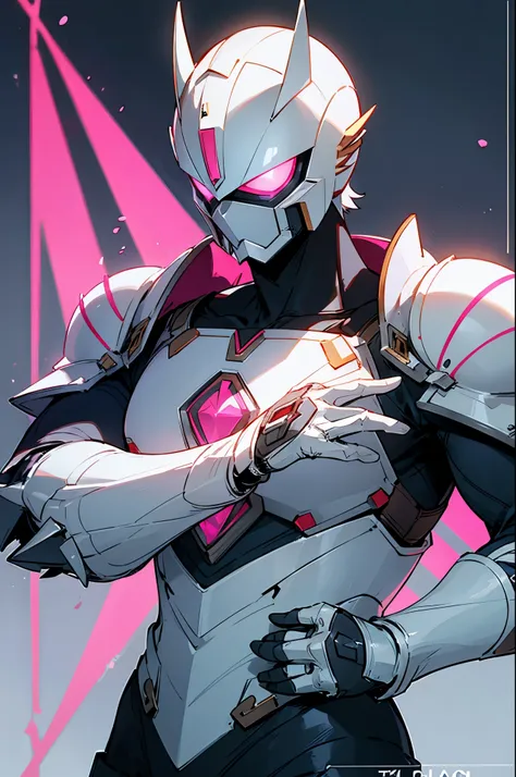 male focus, 1boy, solo, tokusatsu, armor, white armor, spikes, helmet, shoulder spikes, upper body, glowing, full armor, shoulder armor, bodysuit, character name, pink eyes, alien, science fiction
