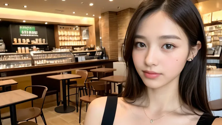 ((highest quality、8K、masterpiece:1.3))、sharp focus:1.2、Beautiful Japanese idol with perfect body:1.4、(Starbucks open cafe:1.2)、Terrace seats、Highly detailed face and skin texture、 detailed eye、double eyelid、sunburned skin、tanned wheat-colored skin,