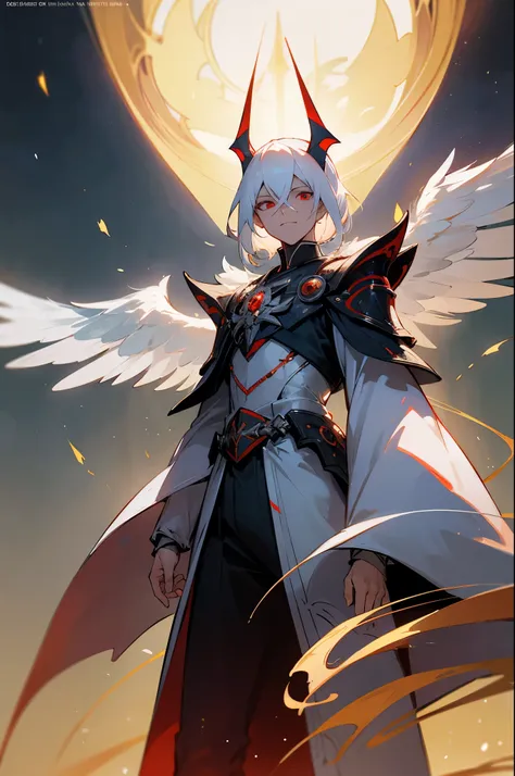 "Generate an image portraying Alfreds true form with white hair and sharp red eyes, concealed beneath a thick armor of radiant light, adorned with majestic wings. Depict him standing regally, his visage obscured by the brilliance of his divine attire. Conv...