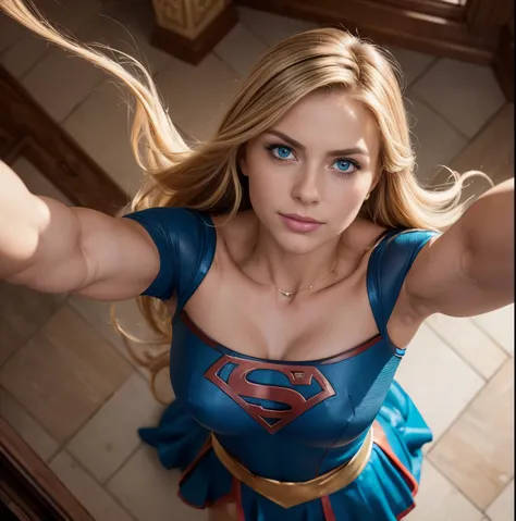 ((From a straight above, birds-eye perspective)), Supergirl, (muscular:1.5), long flowing hair, blue eyes, flirtatious smile, abs, Real Life, full bodyshot, (Ultra Realistic:1.5), Photorealism, Photography, 8K UHD, Photo, HDR, Complex and Elegant, Highly D...