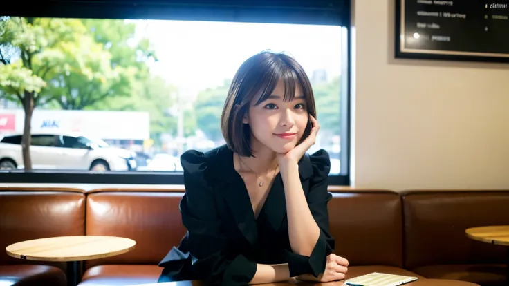 (最high quality、8k、32K、masterpiece:1.2)、A photo of a female college student who looks like a cute model、normal breasts、short bob hair、Upper body、face focus、refreshing white shirt、necklace、look at the audience、background a trendy coffee shop with a unique ae...