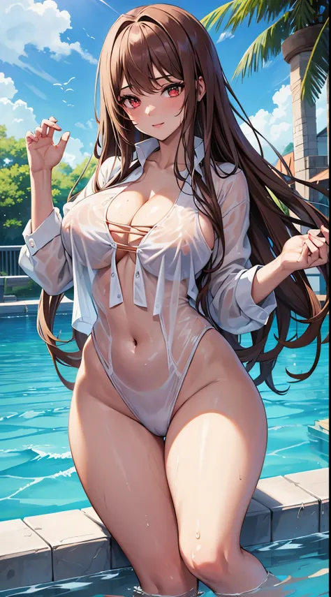 Game , goddess of victory nikke, Rapi , light brown hair,  alluring eyes ,beautiful face , crystal red eyes ,  long hair ,white shirt, black bikini, oversized office shirt, see through shirt, cleavage, wet shirt, bare legs,dripping wet ,g cup breast, slend...