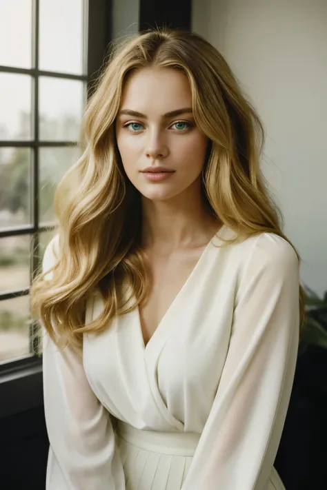 A woman with wavy blonde hair and captivating green eyes pose confidently for the camera. She is an alluring European model, her age around 25 years old, who exudes an enchanting aura. Her hair cascades down in soft waves that reflect the natural light, fr...