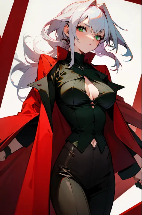 com cabelo verde, medium breasts wearing a black blouse and a red overcoat over green eyes
