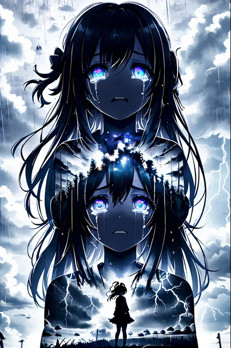 masterpiece, best quality, 1girl, solo, (silhouette:1.3), glowing eyes, tears, rain, lightning, star (sky)