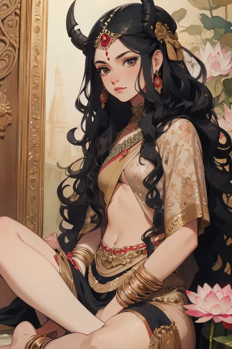 There is a woman sitting, artwork in the style of Gweiz, Gweiz, extremely detailed アートジャーム, beautiful fantasy empress, ((beautiful fantasy empress)), Gweiz on pixiv artstation,realistic illustration, detailed digital art, beautiful attractive woman,India,L...