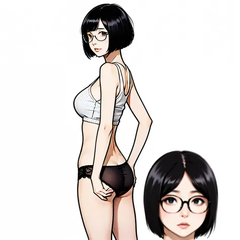 Short black hair anime girl in panties with  and a big butt and glasses