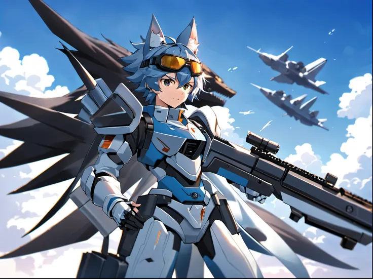 Game CG，4K quality，((young boy))，Youthful feeling，anime hero，wolf ears，glad，(Tactical communication goggles)，Blue and white light mecha suit，White mecha gloves，armored shoes，Wind，full body portrait，Sky，flight，(Remove bot)