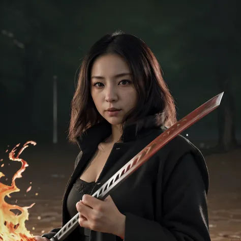 1 garota, Japanese , ela tem cabelos pretos longos e lisos, olhos vermelhos e olhar mal determinado. She wears a black and red modern Japanese  and a long black coat. Caminhando pela rua. holding a katana in her hand. The katana is covered in flames. vibra...