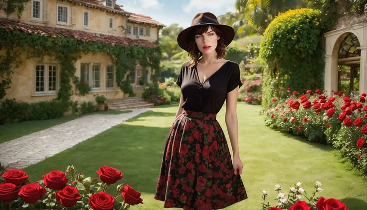 ((milha jovovich) (27 anos) com vestido vermelho escuro, the skirt is long to the floor and wears a hat with flowers), jardim ce...