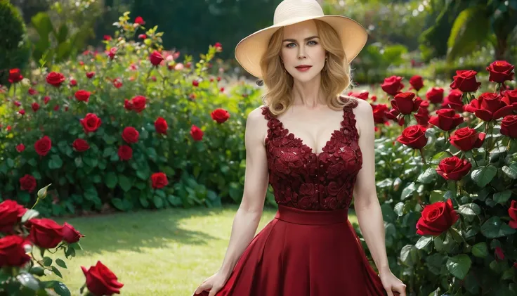 ((Nicole Kidman) (27 anos) com vestido vermelho Escuro, The skirt is long to the floor and wears a hat with flowers), Jardim cercado por rosas vermelhas, Casinha florida no fundo, Muitas flores de rosa vermelha no jardim e luz solar com bokeh, gotas de orv...