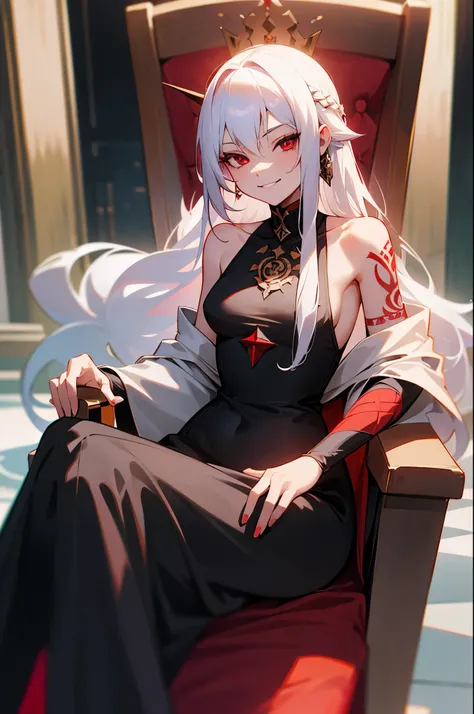 young girl, Long white hair, red eyes, Red Futhark Tattoo, smirk, princess dress, small breasts, open breasts, Wide neckline, sitting on the throne, Masterpiece, hiquality, higly detailed, HD, 4k
