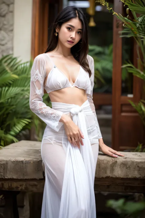 masterpiece, Indonesian woman, balinese woman 20 years old, balinese woman ,ultra realistic,32k,intricate details, sharp focus, realistic, closed, seductive pose, black eyes, jewelr, lips, realistic, looking_at_viewer, wet skin, shiny skin, indonesian clot...