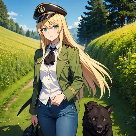 German upper class,tomboy,cute,glamorous,young virgin lady,Blonde intake,long hair,emerald eyes.tsurime,The background is a Grassland,1939s,Jeans and a Spencer jacket,Marine cap