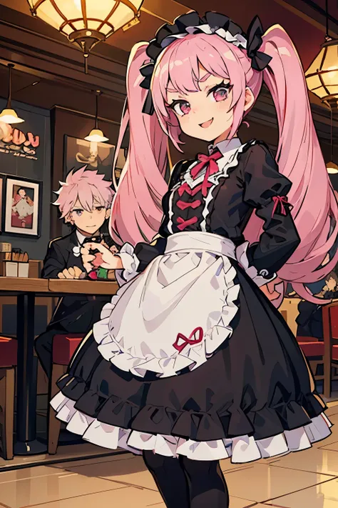 young girl with pink hair long twin-tail hairstyle, small thick eyebrows, with gothic lolita clothes, lolicon (Zankuro) drawing style of the zankuro artist, Zancrow style, image uploaded to R34, walking in the mall, flirty smile , suddenly having sex in pu...