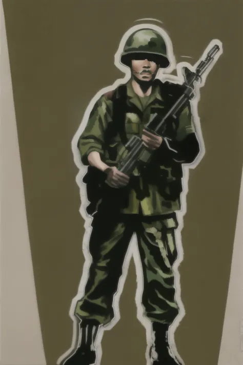 a black and white image of a soldier holding a rifle, vietnam soldier with skateboard, vietnam war soldier, inspired by Emory Douglas, shoulder patch design, guerilla soldier, white american soldier, solo male weary soldier, soldier, inspired by Brian Chip...