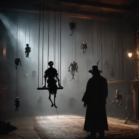 create an image of a puppet master whose creations come to life, its hanging ropes controlled by a sinister figure lurking in th...