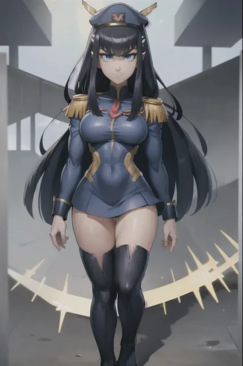 masterpiece, high quality, best quality, 1girl, (muscular female:1.0), (super gigantic breasts:1.0), (closed mouth, half smile), kiryuin satsuki, blue eyes, epaulettes, hairclip, black militar uniform, skirt, militar hat, black thigh boots, anime screencap...