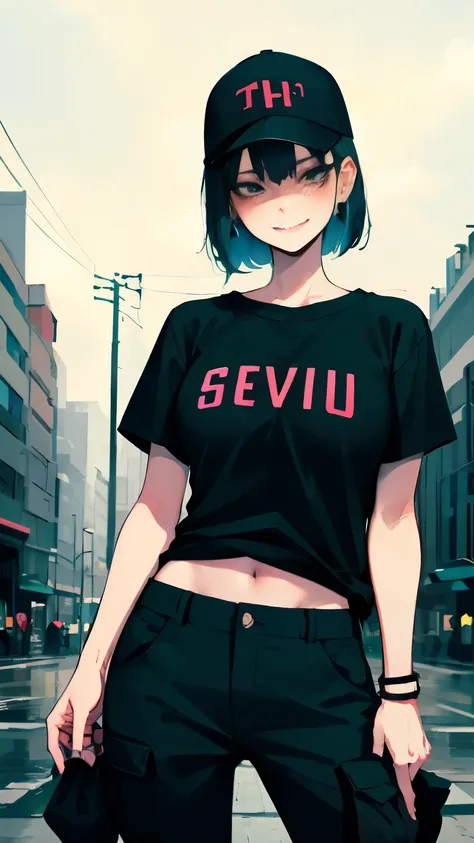 super resolution,
(realistic:1.3),
(1 slim girl), stylish girl, fashion,
young face, blush, (evil smile),
(slim) thigh,
baseball cap, earrings,
(black t-shirt), (baggy cargo pants),
gravure,
Rainy streets