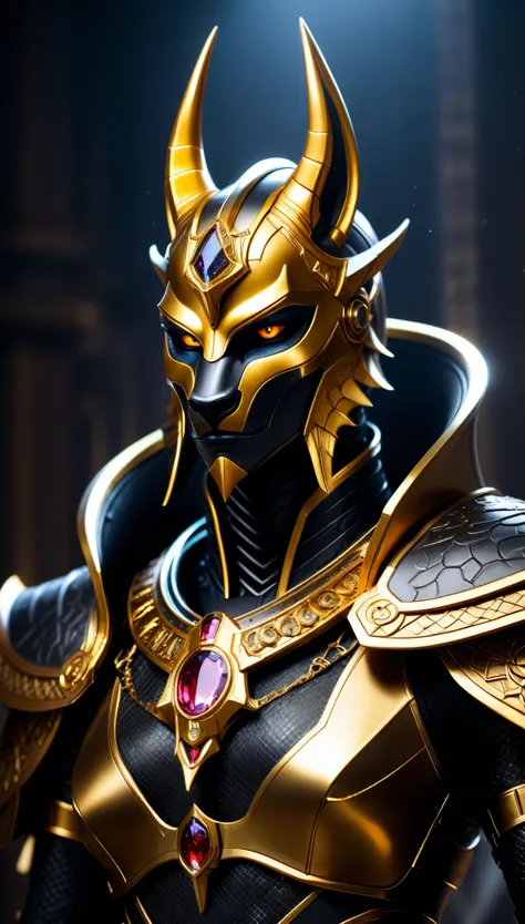 movie lighting, horned golden-headed creature, portrait of dragon knight, mysterious anubis valkyrie, super detailed fantasy cha...