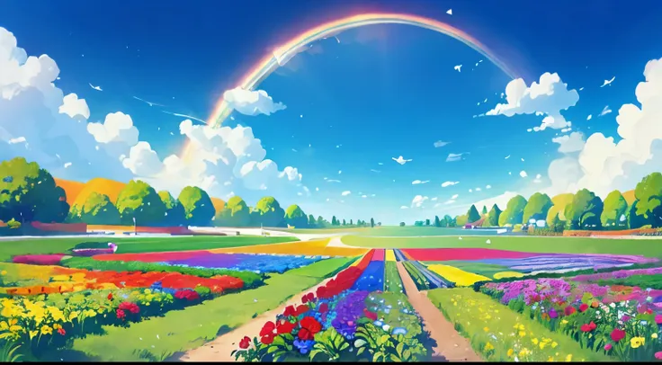 flower garden,blue sky,rainbow,balloon,colorful,online background,