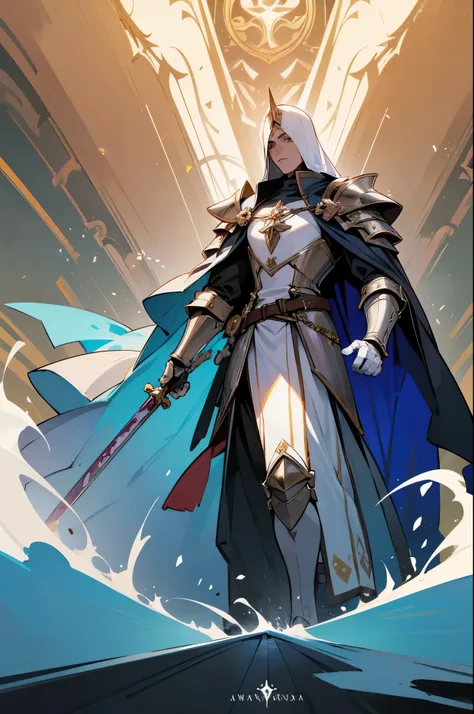 Anime character with sword and armor walking through a tunnel, full portrait of magical knight, olhos perfeitos e detalhados, Rosto perfeito, um paladino masculino humano, picture of a male cleric, Paladino masculino, vestido com armadura leve, dressed lik...