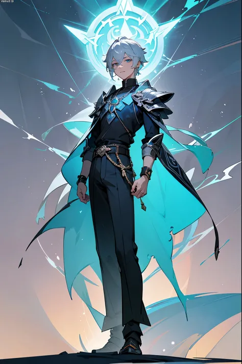 white color hair，eBlue eyes，Dressed in blue, Gray-black pants，Official character art, ( ( Character concept art ) ), 《the first god》Ke Qingyu, full body concept art, Genshin impacts character, botw style, casimir art, full body character concept art, detai...