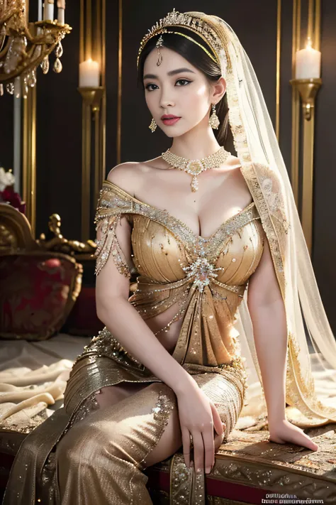 (best quality,4k,highres,masterpiece:1.2),ultra-detailed,realistic:1.37,beautiful and regal Javanese queen with hijab,dark and luxurious palace backdrop,beautiful detailed eyes and face,long eyelashes,voluptuous and curvy figure,exquisite jewelry and acces...