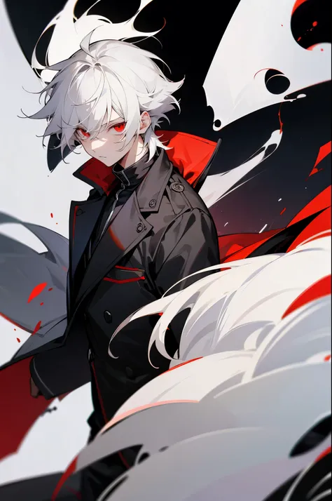 anime, boy, white hair, short hair, red eyes, stylish black jacket, black pants, Messy hair, upper body
