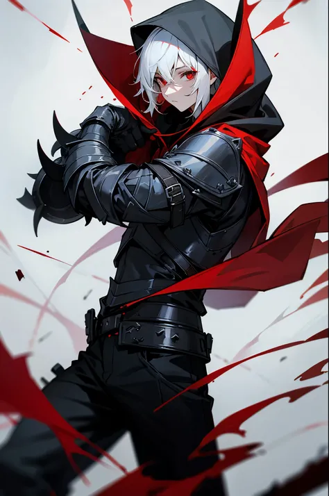 solo male, black armor, red eyes, hood, black pants, black metal gloves
