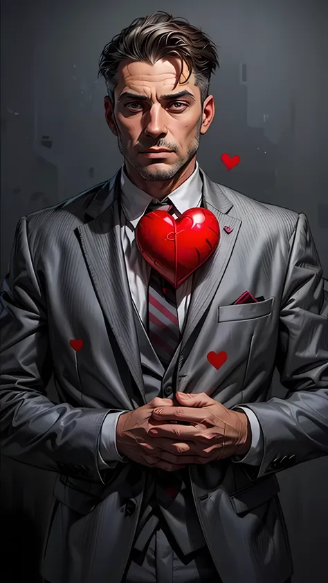 A man in a gray suit holds a red heart on his chest.