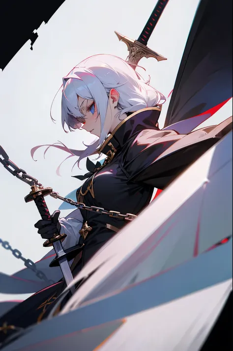 Evil white-haired demon, Holding a chain sword, Sexy Outfit, Heterochromia eye, Black，loimu, Fantasy background
