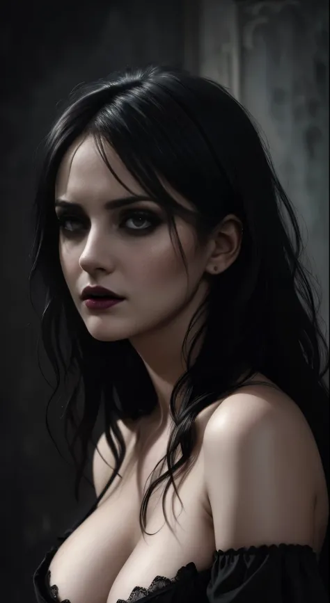 (best quality,highres:1.2),horror,beautiful detailed eyes,beautiful detailed lips,gothic style portrait,ultra-detailed hair,realistic skin texture,milf girl, cleavage,gloomy atmosphere,dark lighting,,hauntingly beautiful,subtle shadows,emotive expression,m...