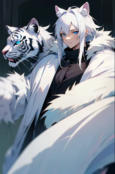 blue eyes, white hair, white tiger ears, male, adventurer, oversized fur hood,
