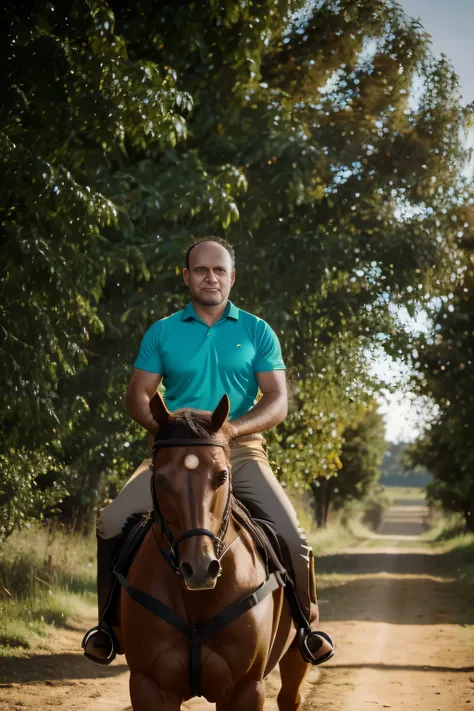 1 middle-aged man, charming, brown eyes and hair, short hair almost bald. (perfect face detail), (a handsome man on horseback),(beautiful photography),(best quality, high resolution),(realistic),(vivid colors),(portrait),(horses),(trot),(put sunset),(majes...