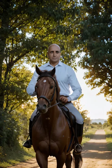 1 middle-aged man, charming, brown eyes and hair, short hair almost bald. (perfect face detail), (a handsome man on horseback),(beautiful photography),(best quality, high resolution),(realistic),(vivid colors),(portrait),(horses),(trot),(put sunset),(majes...