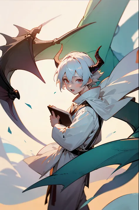 a anime boy wearing white sorcerer clothes holding a floating book, dragon horns, dragon tail, short white hair
