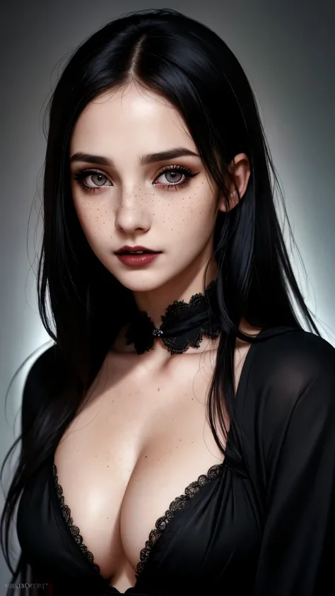 (best quality, hyperdetailed photography:1.2), beautiful lady, freckles, dark gothic makeup, soft light, head and breast portrait, black eyes, black hair,, (detailed beautiful face, detailed skin texture, ultra-detailed body:1.1) sexy vampire girl, snoopy ...