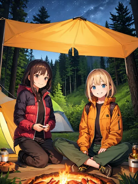 2 girls, Jacket, pants, , sitting, hiking shoes, sitting, camp, tent, night, performer, barbecue, smile, nature, forest, campファイヤー, wood, food,