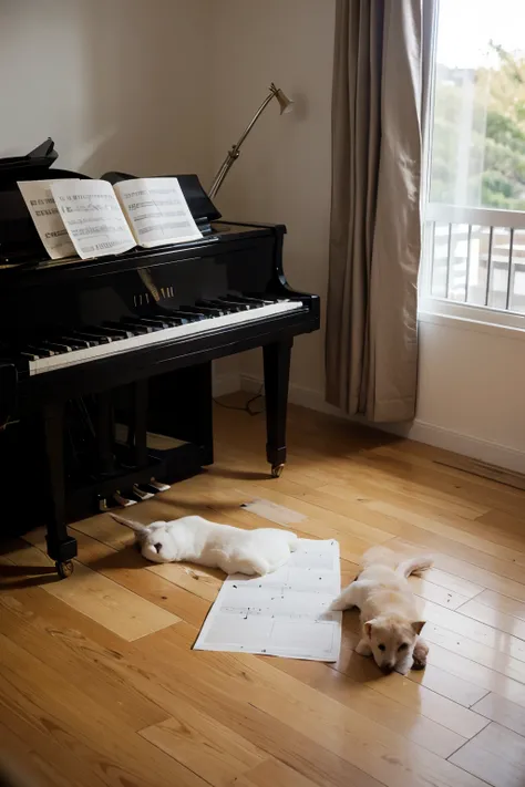 Sun-drenched bedroom: A bright and airy room with a grand piano taking center stage. Sheet music is scattered across the floor, highlighting Lilys dedication.
