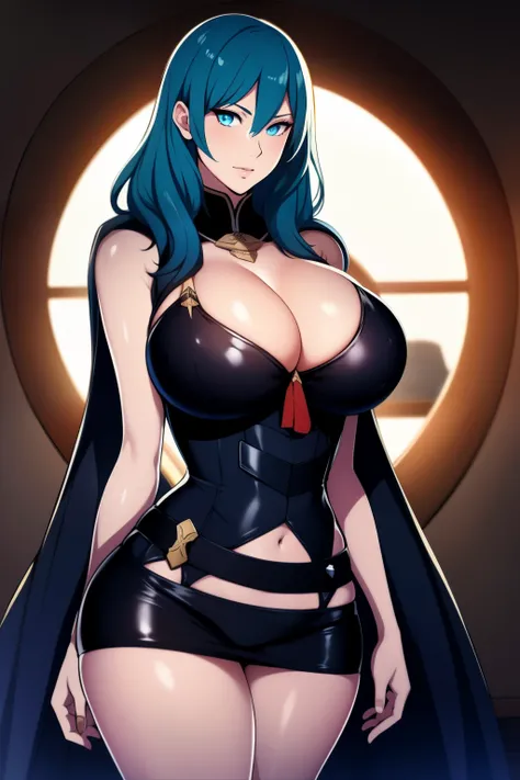 An anime-style artwork depicting Byleth from the game Fire Emblem: Three Houses.

Tags: Byleth, protagonist, anime, detailed eyes, gigantic breasts, detailed lips, blue hair, mercenary attire, sword-wielding, seductive smile, intense gaze, glowing emblem o...