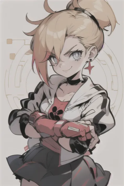 (best quality:1.2),solo,1girl,mdrin,smile,looking at viewer,crossed arms,ponytail,v-shaped eyebrows,white jacket,red shirt,fingerless gloves,black skirt,choker