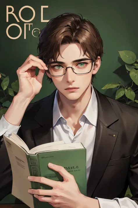 cover for a book, photography of a sexy botanist man, a solo man, (((man))), (masculine face), 25 years old, professor, big bad boy, eye glasses (green eyes), expressive look, buzz cut brown hair, (((dark background))), shine hair, unshaven, teacher suit, ...